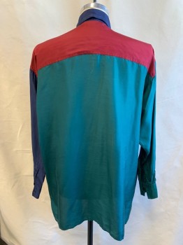 Mens, Club Shirt, IN PRIVATE, Forest Green, Navy Blue, Maroon Red, Silk, Color Blocking, M, L/S, Button Front, Collar Attached, 1 Patch Pocket with Button, Oversized Fit