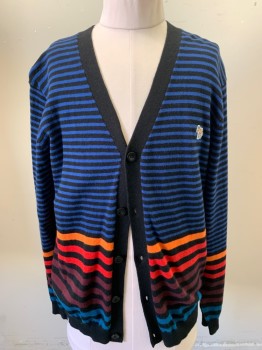 Childrens, Cardigan Sweater, PAUL SMITH JUNIOR, Black, Royal Blue, Orange, Red, Maroon Red, Cotton, Stripes - Horizontal , 14 Boy, V-neck, Button Front, Long Sleeves,