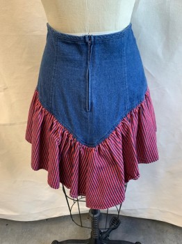 CIRCLE T, Denim Blue, Red, Cotton, Color Blocking, 1980s, Denim Blue Skirt, Fit & Flare, Red Vertical Stripe Bottom Ruffle Fabric, Zip Back