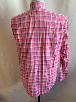 LACOSTE, Pink, Navy Blue, Lt Yellow, Lt Blue, Cotton, Plaid, Button Front, Button Down Collar, Long Sleeves, 1 Pocket,