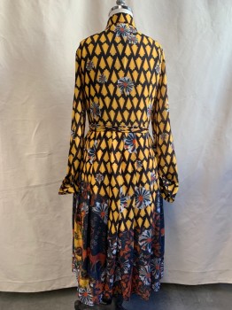 BEULAH, Yellow, Black, Red, White, Polyester, Geometric, Floral, Yellow Arrows with Black/White/Red Flowers, Button Front Top with Hidden Placket, Collar Attached, Sheer Top, Long Sleeves, Rolled Back Button Cuff, Pleated Skirt, Self Belt, Hem Below Knee, Skirt Lined, Side Zip