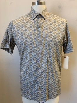 HART SCHAFFNER MARX, Ecru, Brown, Khaki Brown, Dk Gray, Taupe, Cotton, Lyocell, Geometric, Short Sleeves, Button Front, Collar Attached,