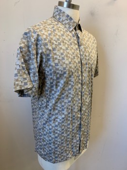 HART SCHAFFNER MARX, Ecru, Brown, Khaki Brown, Dk Gray, Taupe, Cotton, Lyocell, Geometric, Short Sleeves, Button Front, Collar Attached,