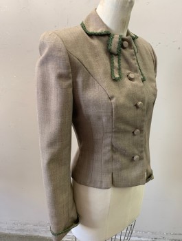 Womens, Blazer, MONNIG'S, Lt Brown, Cream, Wool, 2 Color Weave, B:34, Olive Lace Edging/Trim, Rounded Collar with Self Bow Detail at Neck, 5 Self Fabric Buttons, Fitted with Darts at Waist, Folded Cuffs