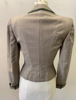 Womens, Blazer, MONNIG'S, Lt Brown, Cream, Wool, 2 Color Weave, B:34, Olive Lace Edging/Trim, Rounded Collar with Self Bow Detail at Neck, 5 Self Fabric Buttons, Fitted with Darts at Waist, Folded Cuffs