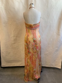 TERI JON, Peach Orange, Red, Green, Gold, Silk, Floral, Beaded Halter Strap with Button Closure, Chiffon, Horizontal Gathered Bust, Beaded Under Bust, Panel Draped From Crew Neck, Ankle Length, Zip Back, Diaphanous