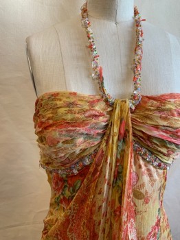 TERI JON, Peach Orange, Red, Green, Gold, Silk, Floral, Beaded Halter Strap with Button Closure, Chiffon, Horizontal Gathered Bust, Beaded Under Bust, Panel Draped From Crew Neck, Ankle Length, Zip Back, Diaphanous