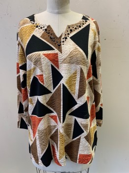 Alfred Dunner, Beige, Brown, Black, Red-Orange, Dijon Yellow, Cotton, Spandex, Triangles, L/S, Scoop Neck with V Cut, Black Gems on Collar