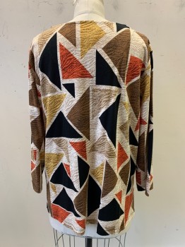 Alfred Dunner, Beige, Brown, Black, Red-Orange, Dijon Yellow, Cotton, Spandex, Triangles, L/S, Scoop Neck with V Cut, Black Gems on Collar