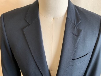 THEORY, Navy Blue, Wool, Solid, SB., 2 Flap Pockets, NL., CB Vent, Pick Stitching On Lapels, Pocket & Sleeves.