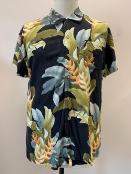 TOMMY BAHAMA, Black, Moss Green, Olive Green, Orange, Gray, Silk, Floral, S/S, B.F., C.A., Patch Pocket