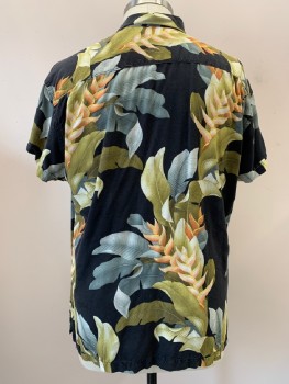 TOMMY BAHAMA, Black, Moss Green, Olive Green, Orange, Gray, Silk, Floral, S/S, B.F., C.A., Patch Pocket