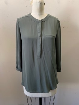 NYDJ, Olive Green, Polyester, Solid, Band Collar, Hidden Half Placket Button Front, Long Sleeves, Faux Pocket on Left Side Bust, Pleated Back