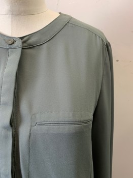 NYDJ, Olive Green, Polyester, Solid, Band Collar, Hidden Half Placket Button Front, Long Sleeves, Faux Pocket on Left Side Bust, Pleated Back