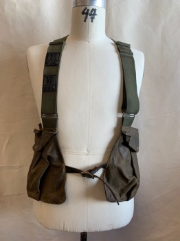 Mens, Vest, FILSON, Dk Khaki Brn, Olive Green, Brown, Cotton, Leather, Solid, Olive Cotton Adj Straps, Brown Leather Strap at Front with Gold Buckle, 2 Pockets with Flaps *Aged/Distressed*