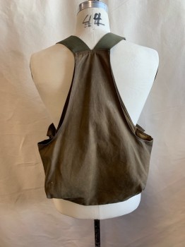 Mens, Vest, FILSON, Dk Khaki Brn, Olive Green, Brown, Cotton, Leather, Solid, Olive Cotton Adj Straps, Brown Leather Strap at Front with Gold Buckle, 2 Pockets with Flaps *Aged/Distressed*