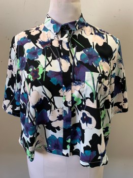 TOPSHOP, White, Black, Navy Blue, Purple, Lt Pink, Polyester, Floral, Button Front, Collar Attached, Short Sleeves, 1 Patch Pocket, Cropped