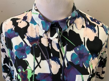 TOPSHOP, White, Black, Navy Blue, Purple, Lt Pink, Polyester, Floral, Button Front, Collar Attached, Short Sleeves, 1 Patch Pocket, Cropped