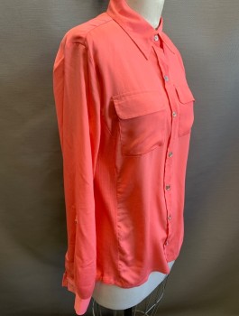 ELEMENTZ, Salmon Pink, Poly/Cotton, Solid, Crepe with Rib Knit Jersey at Sides, Long Sleeves, Button Front, Collar Attached, 2 Patch Pockets with Flaps