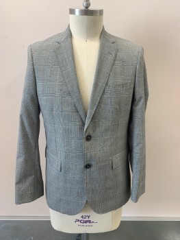BROOKS BROTHERS, Black, White, Blue, Wool, Glen Plaid, Notched Lapel, Single Breasted, 2 Bttns, 3 Pckts