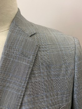 BROOKS BROTHERS, Black, White, Blue, Wool, Glen Plaid, Notched Lapel, Single Breasted, 2 Bttns, 3 Pckts