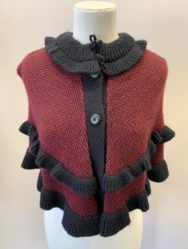 Childrens, Cape, CIS, Red Burgundy, Black, Acrylic, Polyamide, 2 Color Weave, XS, Girls, 2 Bttns, Tie At Neck, Ruffle Knit Trim