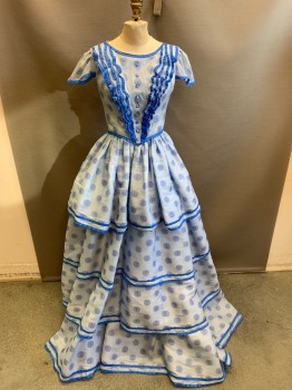 Womens, Historical Fiction Dress, MTO, Lt Blue, Blue, Silk, Circles, W24, B34, 1840s-1860s, Four Ruffles Edged with Blue Ribbon on Bodice, 9 Buttons, 4 Tier Skirt, Organza, Cap Sleeves, Hooks & Eyes with Snaps, Civil War,