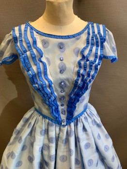 MTO, Lt Blue, Blue, Silk, Circles, 1840s-1860s, Four Ruffles Edged with Blue Ribbon on Bodice, 9 Buttons, 4 Tier Skirt, Organza, Cap Sleeves, Hooks & Eyes with Snaps, Civil War,