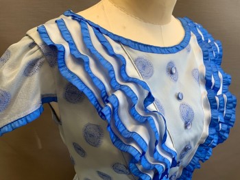 MTO, Lt Blue, Blue, Silk, Circles, 1840s-1860s, Four Ruffles Edged with Blue Ribbon on Bodice, 9 Buttons, 4 Tier Skirt, Organza, Cap Sleeves, Hooks & Eyes with Snaps, Civil War,