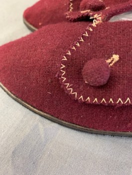 Womens, Shoe, N/L, Red Burgundy, Wool, Solid, Sz.9.5, Bedroom Slippers/Booties, Wool Flannel with Cream Zig Zag Top Stitching, 2 Decorative Fabric Buttons at Toe