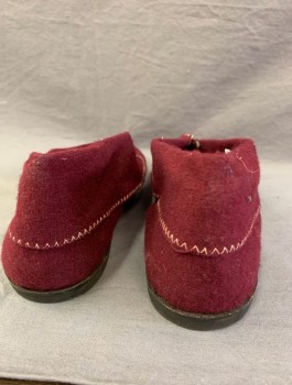 Womens, Shoe, N/L, Red Burgundy, Wool, Solid, Sz.9.5, Bedroom Slippers/Booties, Wool Flannel with Cream Zig Zag Top Stitching, 2 Decorative Fabric Buttons at Toe
