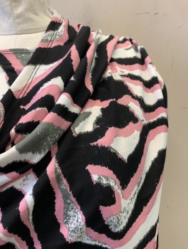 ASHLEY STEWART, Pink, Black, Multi-color, Polyester, Spandex, Abstract , Cowl Neck, Slvls, Gathered Shoulders, Gray An White Accents