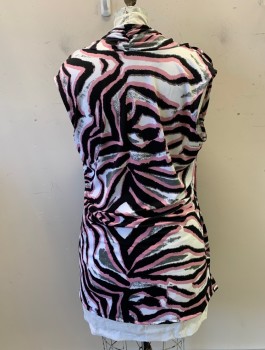 ASHLEY STEWART, Pink, Black, Multi-color, Polyester, Spandex, Abstract , Cowl Neck, Slvls, Gathered Shoulders, Gray An White Accents