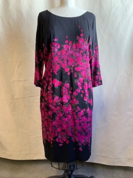MARINA RINALDI, Black, Fuchsia Pink, Purple, Green, Viscose, Elastane, Floral, Solid Black Top with Painted Floral Pattern, Scoop Neck, Zip Back, Long Sleeves