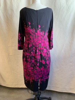 MARINA RINALDI, Black, Fuchsia Pink, Purple, Green, Viscose, Elastane, Floral, Solid Black Top with Painted Floral Pattern, Scoop Neck, Zip Back, Long Sleeves
