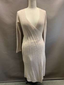 VINCE, Beige, Wool, Cashmere, Solid, V-N, Wrap Style, Ribbed