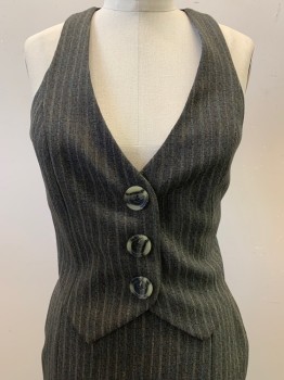 TOM NGUYEN, Brown, Olive Green, Blue, Silver, Polyester, Wool, Stripes - Vertical , V-neck, Snap Front, Single Breasted, Faux Buttons, Lace Back
