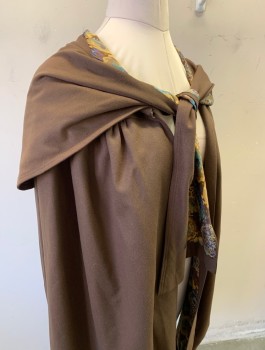 Womens, Cape 1890s-1910s, N/L, Brown, Wool, Solid, O/S, Shoulder Flap with Self Ties at Front, Open Front, Hip Length, Brown/Blue/Beige Patterned Silk Lining, **Has Some Moth Damage/Tiny Holes