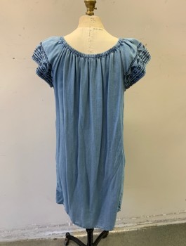 BEACH LUNCH LOUNGE, Denim Blue, Lyocell, Solid, Shift Dress, Navy Geometric Embroidery, Scoop Neck with Elastic