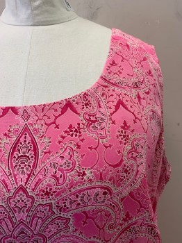 LIZ CLAIBORNE, Pink, Multi-color, Silk, Paisley/Swirls, Floral, Scoop Neck, Beige And Maroon Details