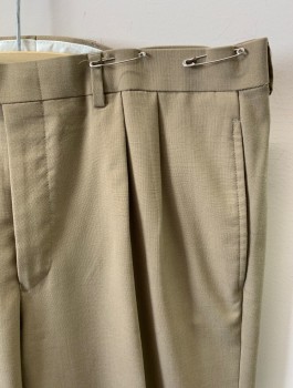 RALPH LAUREN, Dk Khaki Brn, Wool, Solid, Zip Front, Button Closure, Pleated Front, 4 Pockets, Creased