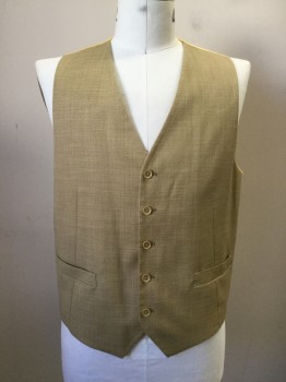 Mens, Suit, Vest, ANTONIO CARDINNI, Lt Brown, Yellow, Wool, Silk, Solid, 42, 5 Buttons, 2 Pockets, Yellow Self Dotted Silk Back with Self Back Belt