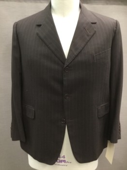 Mens, 1920s Vintage, Suit, Jacket, N/L, Espresso Brown, Red, Wool, Stripes - Pin, 48, Single Breasted, 3 Buttons,  Notched Lapel, 3 Pockets,