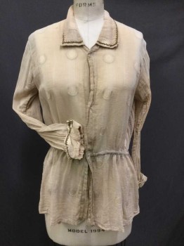 Womens, Blouse 1890s-1910s, M.T.O., Beige, Dk Olive Grn, Poly/Cotton, Geometric, B 38, Sheer Self Striped Beige with Circle Dot Pattern, Snap Front, Drk Olive Blanket Stitch Collar Attached, Interior Drawstring Waist, Long Sleeves, Cuff,