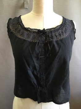 Womens, Camisole 1890s-1910s, M.T.O., Black, Cotton, Solid, B40, Black Lace Trim Scoop Neck with Black Ribbon Draw String. Snap Front Closure. Sleeveless,