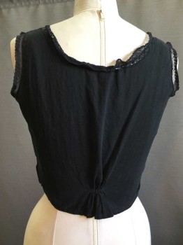 Womens, Camisole 1890s-1910s, M.T.O., Black, Cotton, Solid, B40, Black Lace Trim Scoop Neck with Black Ribbon Draw String. Snap Front Closure. Sleeveless,
