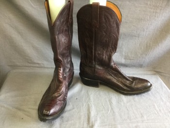 Mens, Cowboy Boots , 1883 LUCCIA, Dk Brown, Leather, 11.5D, Top Stitched, Pull On, Alligator Texture