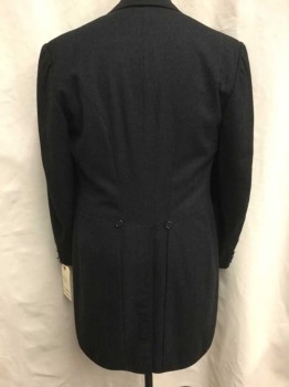 Mens, Tailcoat 1890s-1910s, Dominic Gherardi, Charcoal Gray, Wool, Heathered, 42, Charcoal Morning Coat, Black Detailed Trim, 2 Button Closure, Buttons On Cuffs, Single Breasted, Welt Chest Pocket, Back Center Vent, 2 Back Buttons,