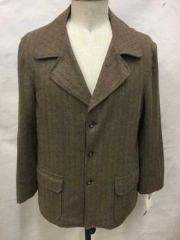 Mens, Jacket 1890s-1910s, NO LABEL, Brown, Orange, Wool, Heathered, Stripes, 46R, Plaid Lining, 3 Button Closure, Single Breasted, 2 Pockets with Flaps, Hole On Lapel,