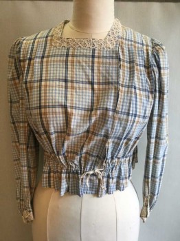 Womens, Piece 1, 1890s-1910s, MTO, Lt Blue, Off White, Lt Brown, Navy Blue, Cotton, Plaid, B40, Blouse -Hook & Eye Front Closure (off Center), Square Neck with Cream Floral Lace Trim, Pleated From Shoulders, Drawstring Waist, Long Sleeves Gathered At Shoulders and Cuff, Lace Trim Cuff Detail,